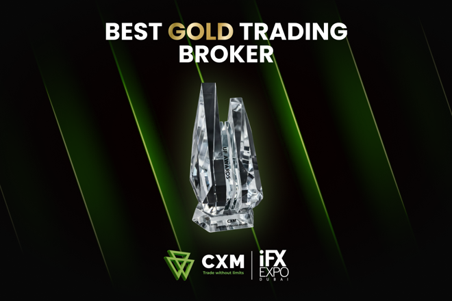 Best Gold Trading Broker, crystal award, the CXM and iFX EXPO logos.