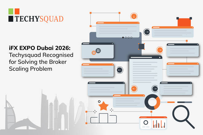 Techysquad logo and "iFX EXPO Dubai 2026: Techysquad Recognised for Solving the Broker Scaling Problem" label