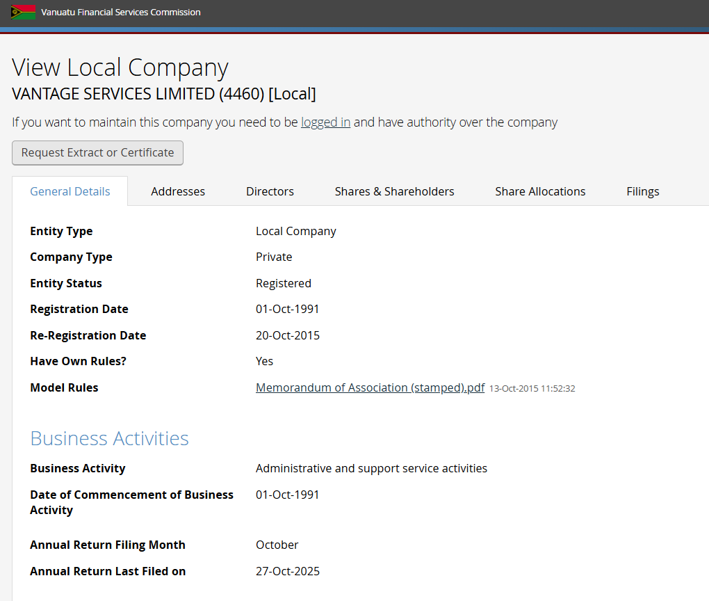 Vantage Global Limited’s licensing info at vfsc.vu