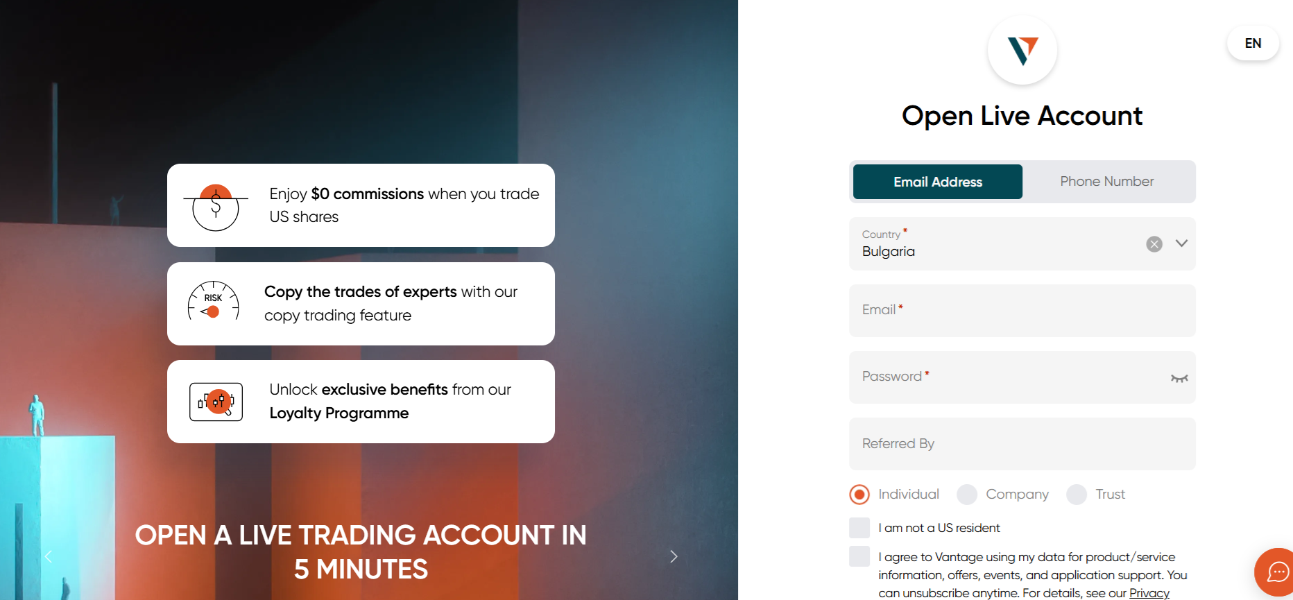 Vantage’s account registration form