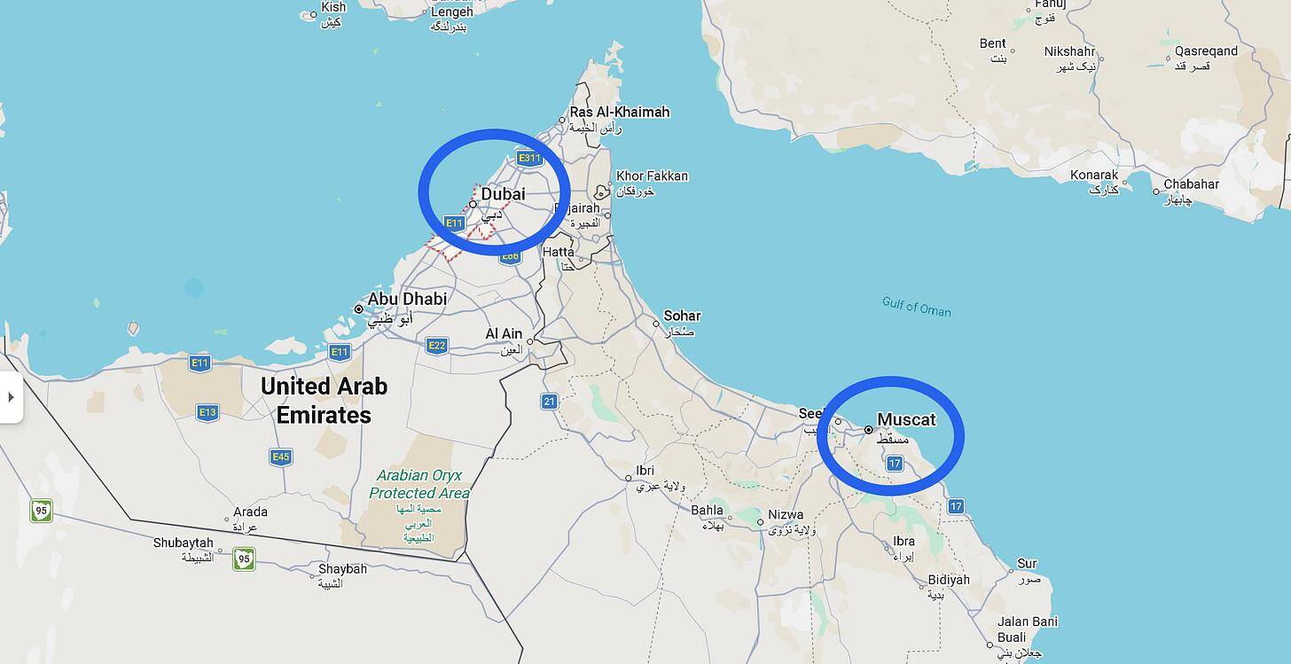 Map of the United Arab Emirates and Oman highlighting Dubai and Muscat, two major Gulf cities positioned along important maritime trade routes near the Strait of Hormuz and the Gulf of Oman, significant for global energy and shipping markets.