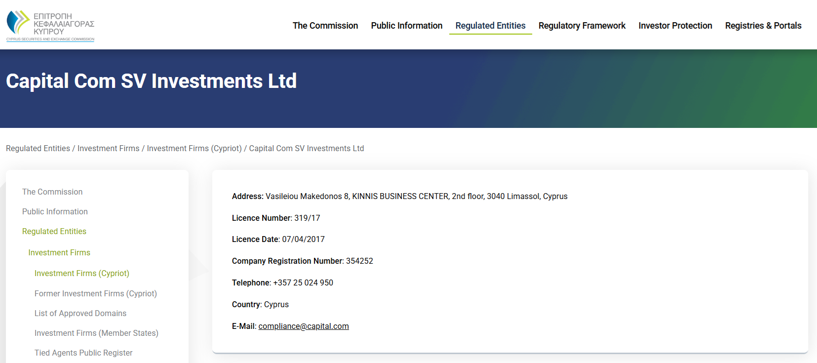 Capital Com SV Investments Limited’s licensing information at cysec.gov.cy
