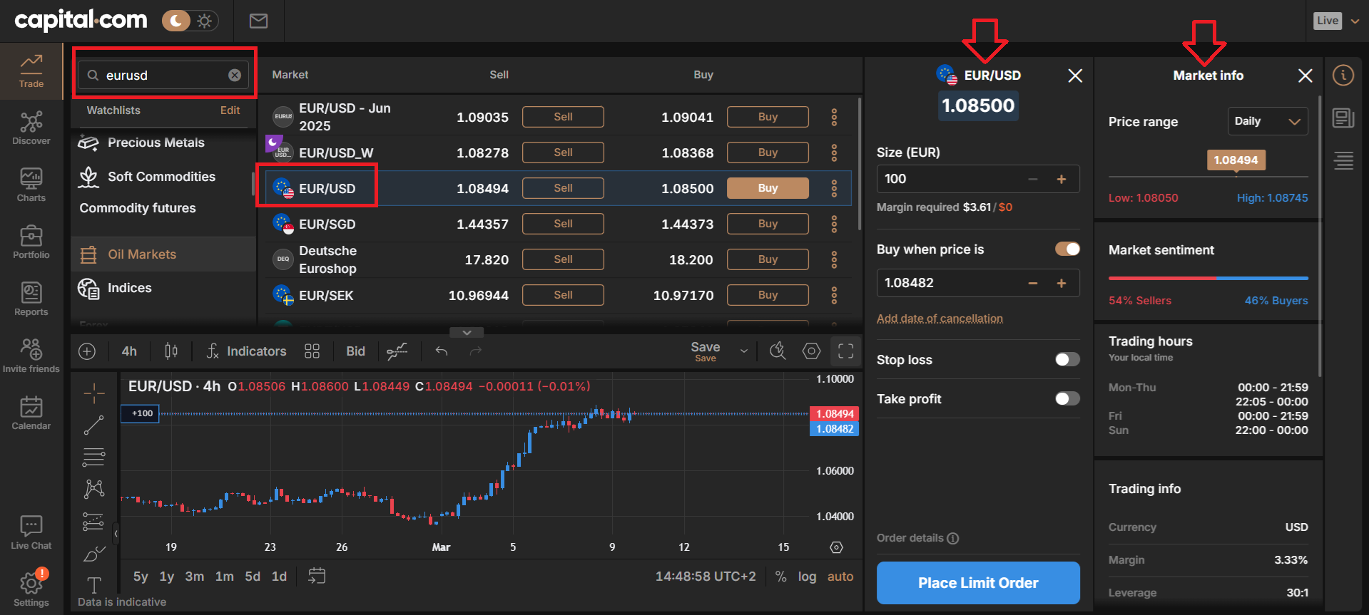 Capital.com’s order-placing screen