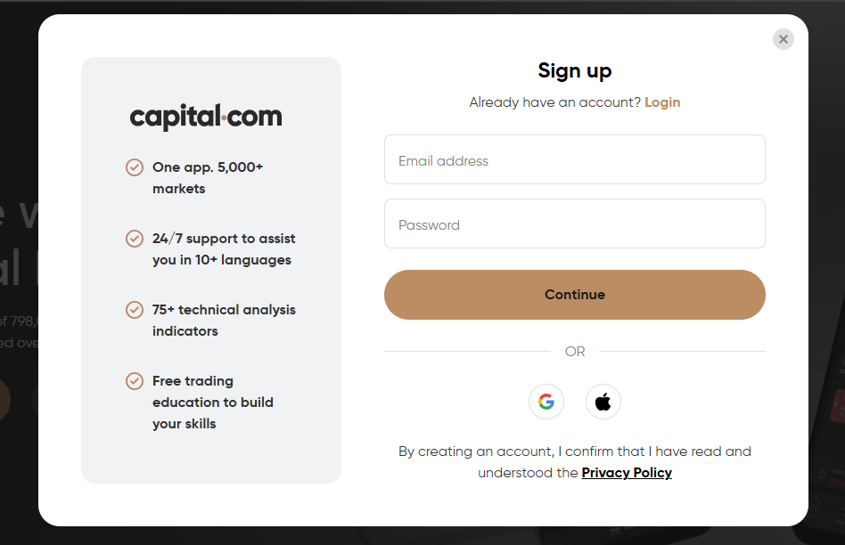 Capital.com’s account registration form