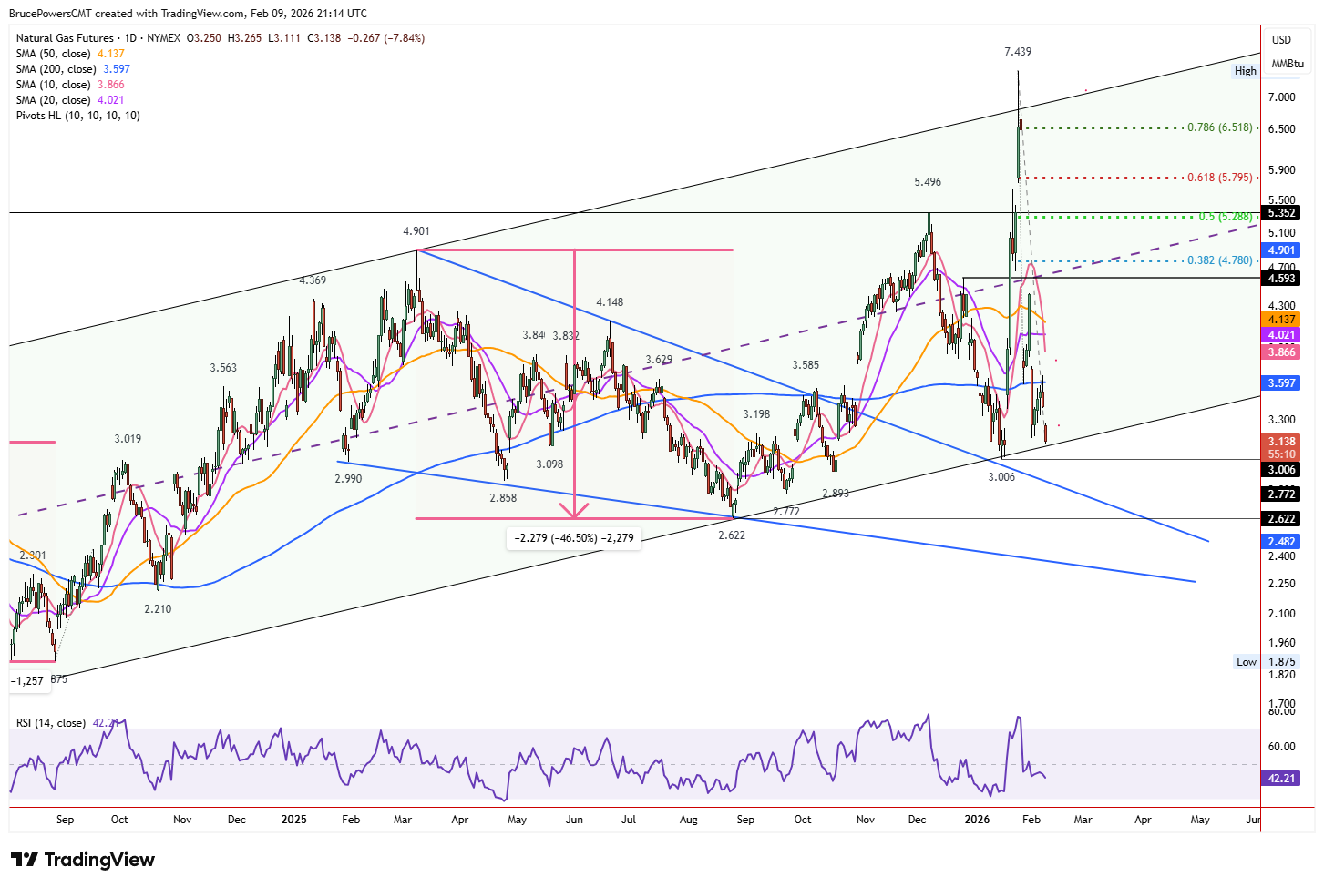 Natural gas daily chart shows long-term rising channel. 