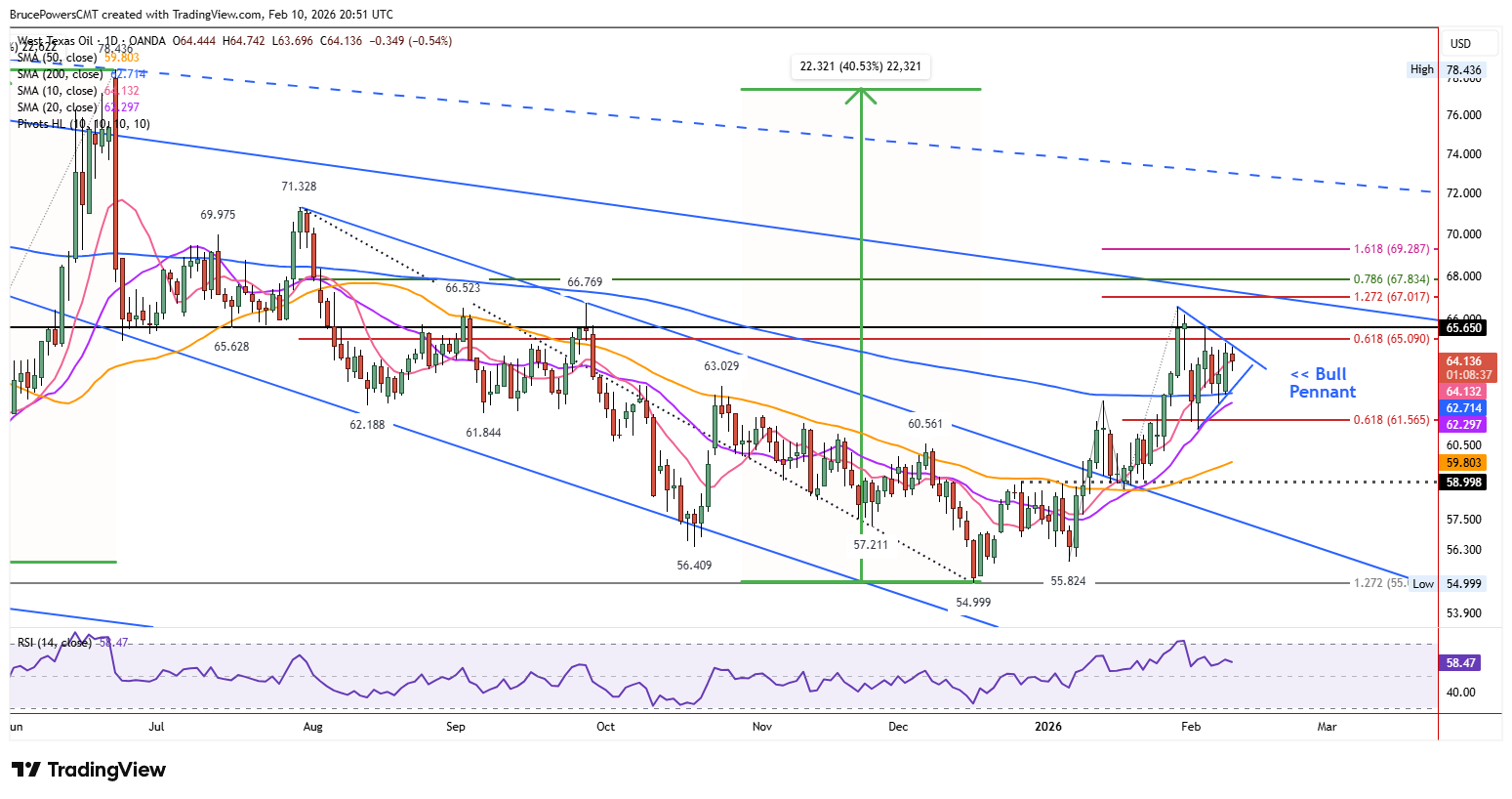 WTI spot crude oil daily chart shows bull pennant formed on 200-day average support.