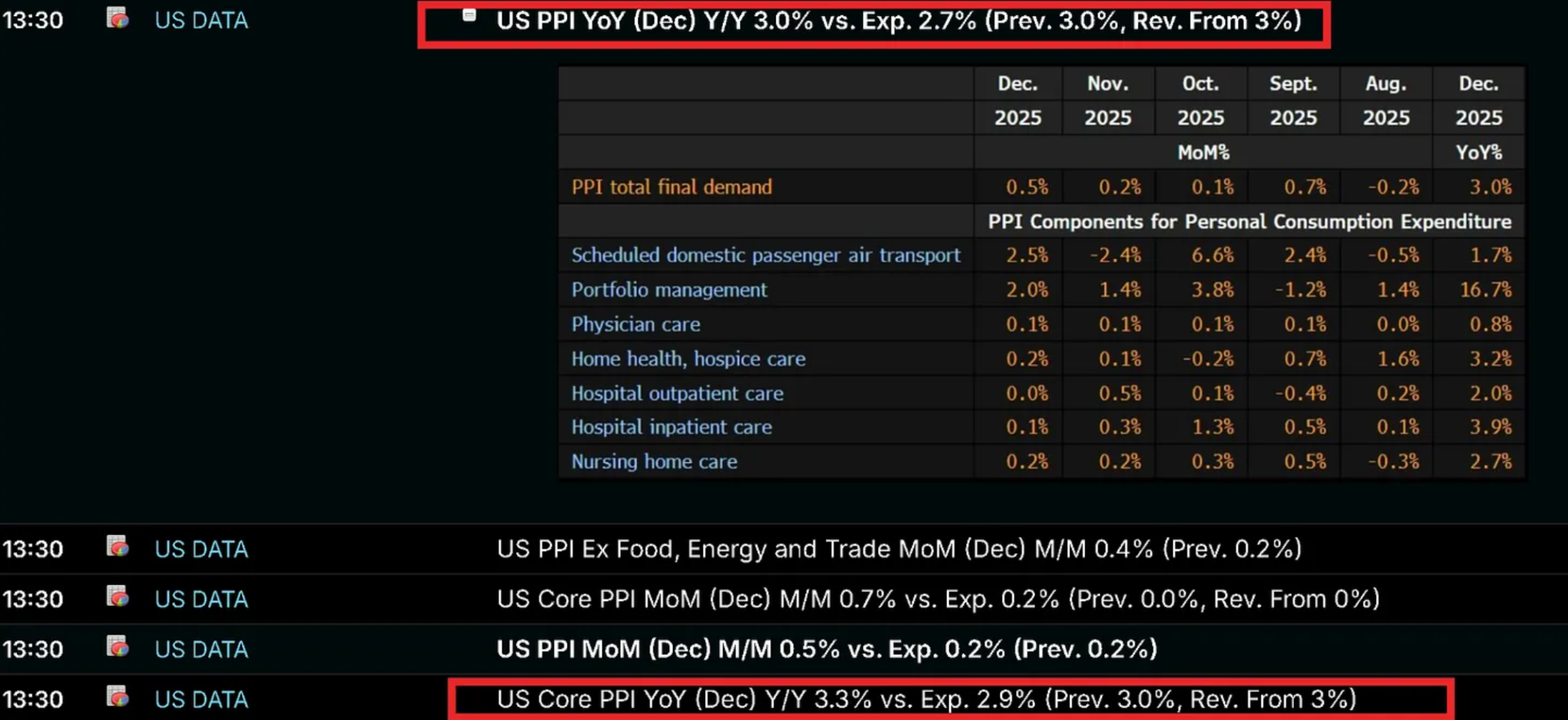 Screenshot of US Producer Price Index (PPI) data for December.