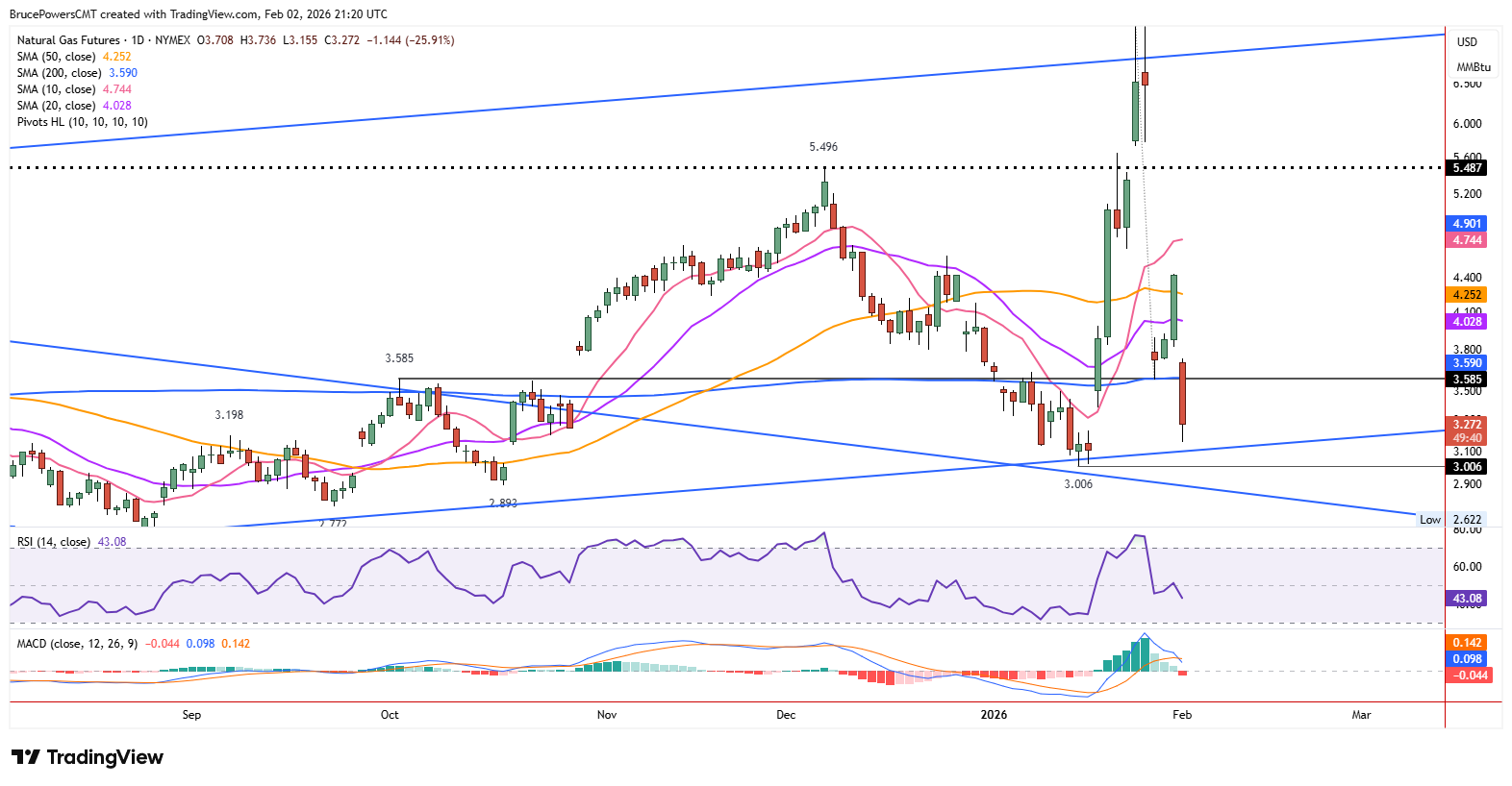 Natural gas futures daily chart shows gap down to uptrend line.
