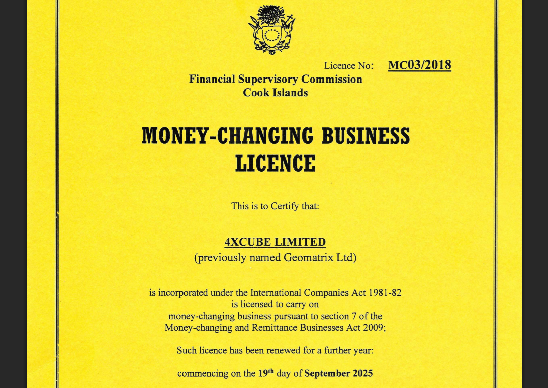 4xCube Ltd’s licensing info at fsc.gov.ck