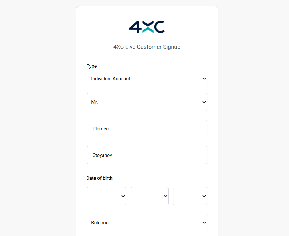 4XC’s registration form