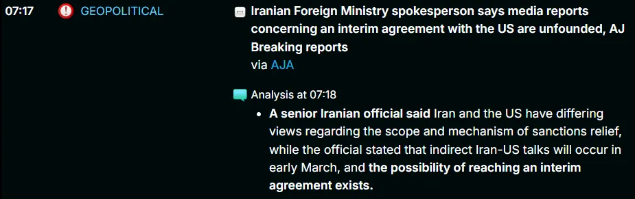 Breaking geopolitical news headline showing Iranian Foreign Ministry denying interim US agreement reports while confirming ongoing indirect talks and possible sanctions relief negotiations impacting oil markets and global risk sentiment.