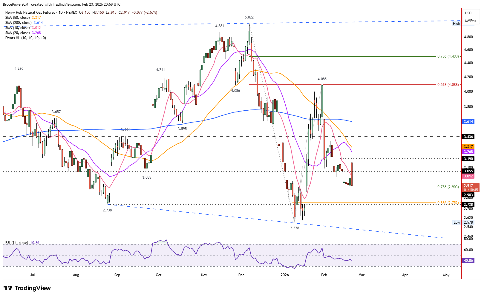 Natural gas futures daily chart shows further testing of recent support.