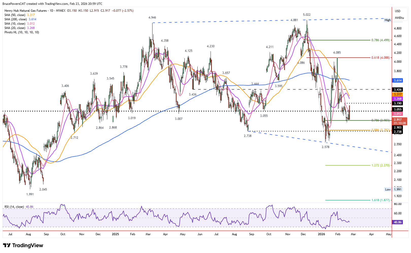 Natural gas futures daily chart shows large broadening formation.