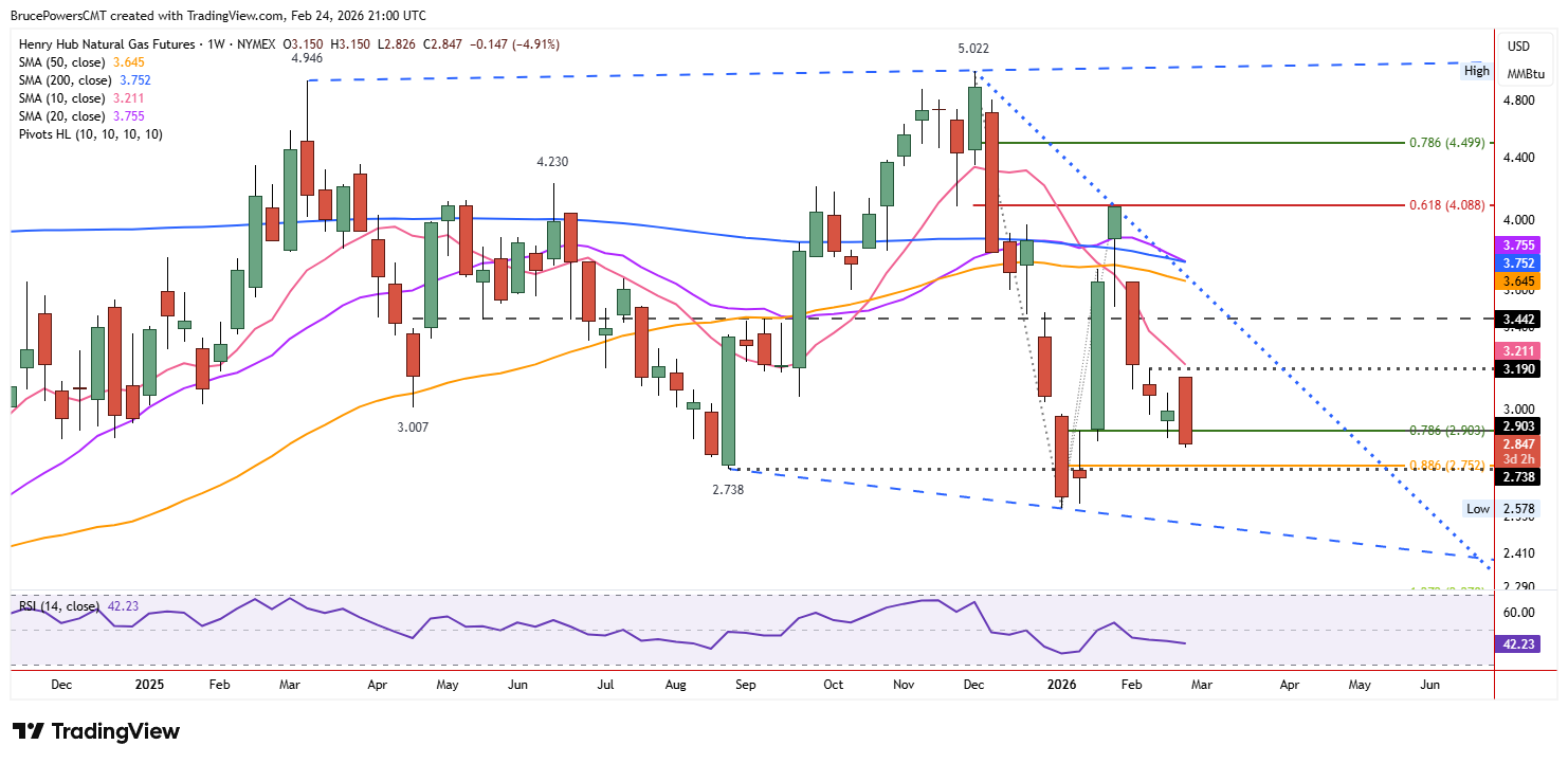 Natural gas futures weekly chart shows price action contained within large broadening formation.