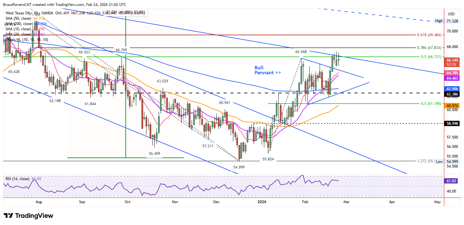 WTI spot crude oil daily chart shows stall after bull pennant breakout.