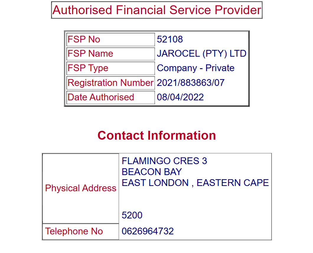 Jarocel Pty Ltd’s licensing info at the fsca.co.za