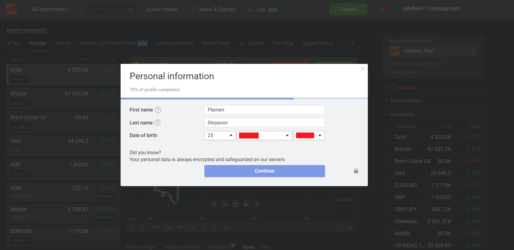 Libertex’s registration form