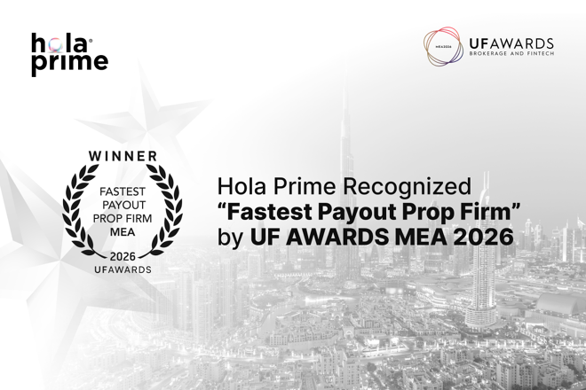 Hola Prime and UF AWARDS logos and label "Hola Prime Recognized “Fastest Payout Prop Firm” by UF AWARDS MEA 2026"