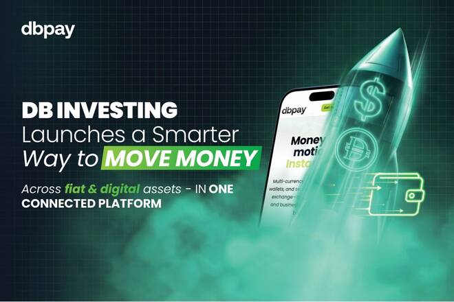 dbpay logo, Smartphone and rocket, label "DB INVESTING Launces a Smarter Way to MOVE MONEY Across fiat & digital assets - IN ONE CONNECTED PLATFORM