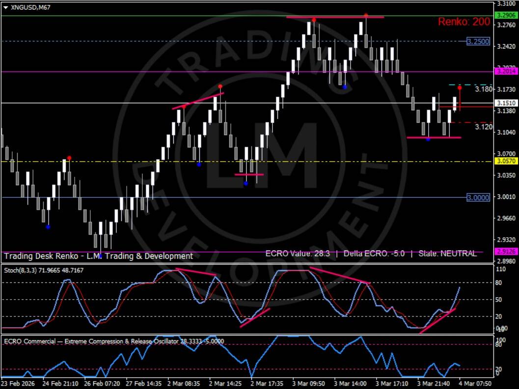 A Renko price chart for Natural Gas (XNG/USD) showing a