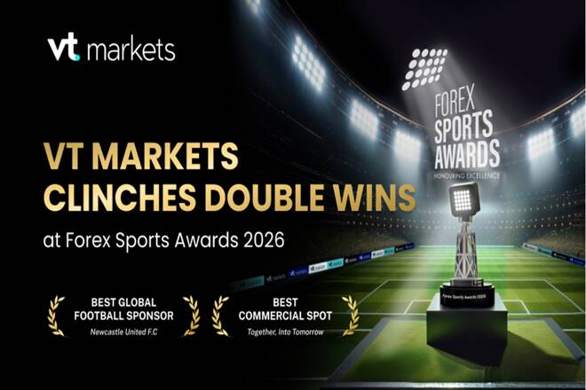 VT Markets logo, label "Clinch Double Wins at Forex Sports Awards 2026", the awards and football field.