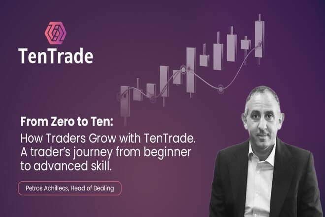 TenTrade logo, trading chart, label "From Zero to Ten: How Traders Grow with TenTrade. A trader's journey from beginner to advanced skill", and Petros Achilleos, Head of Dealing.