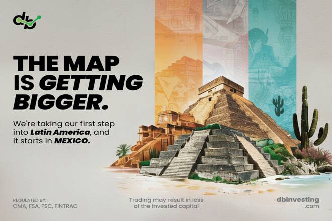 A large, central illustration of a Mayan pyramid (Chichén Itzá) set against a collage of Mexican landscapes, including a sandy beach with a palm tree, a desert area with a tall cactus, and colorful vertical banners in the background. Text Content: Headline: "THE MAP IS GETTING BIGGER." in bold, black capital letters. Subtext: "We’re taking our first step into Latin America, and it starts in MEXICO." Regulatory Info: Bottom left text notes the platform is regulated by CMA, FSA, FSC, and FINTRAC. Risk Warning: Bottom center text reads, "Trading may result in loss of the invested capital." Branding: The "db" logo is in the top left, and "dbinvesting.com" is in the bottom right corner.