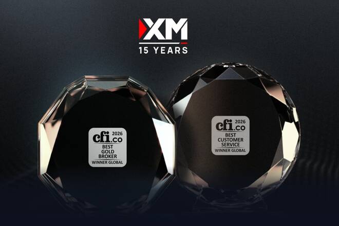 XM logo, its 15 years anniversary label and two diamonds with Gold Trading and Customer Excellence awards.