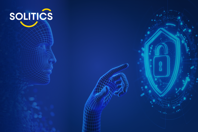 Solitics logo and drawing of a person touching a padlock
