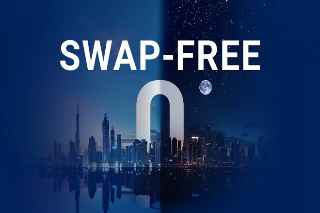 Swap-Free label above a city that features RoboForex logo.