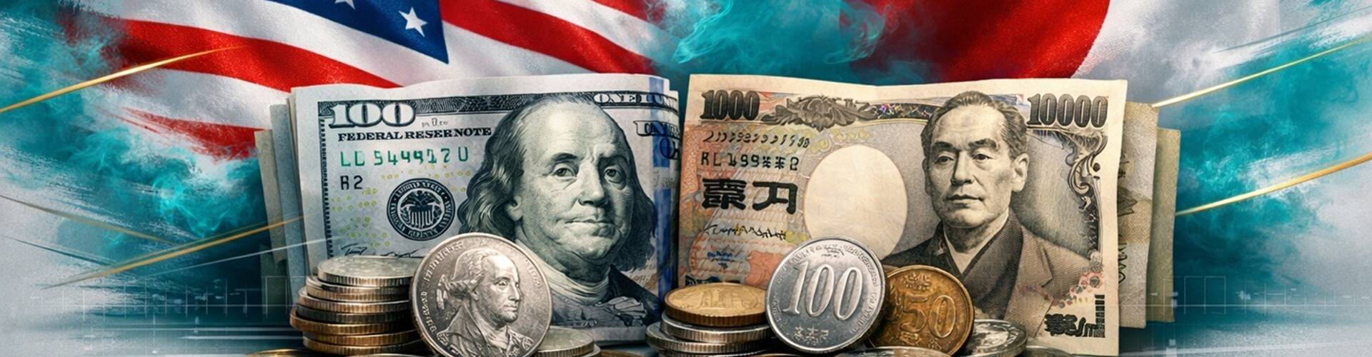US and Japanese flags and money.