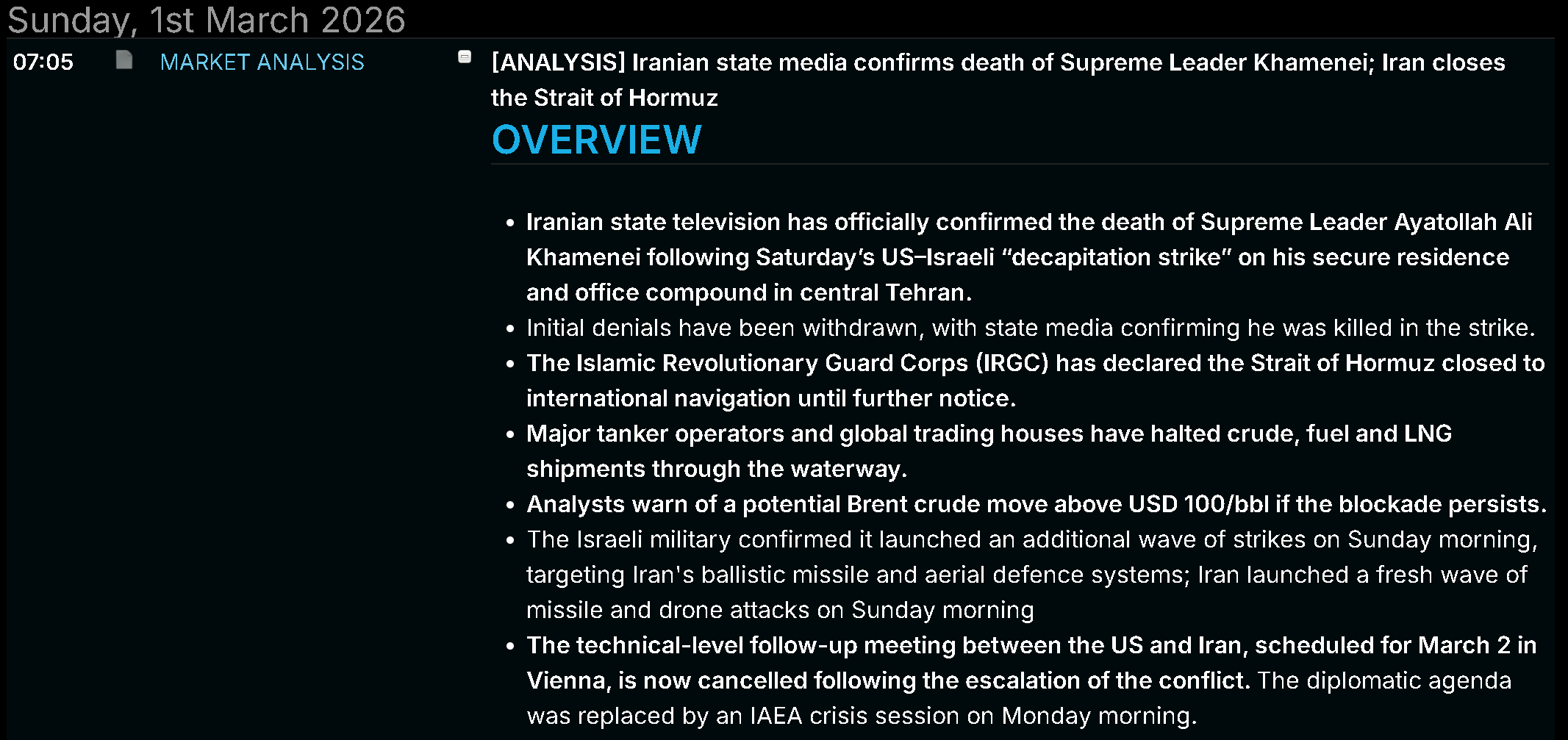 Newsquawk overview of the Iran shock, including Khamenei's death, Strait of Hormuz closure, shipping disruption, and Brent upside risk.