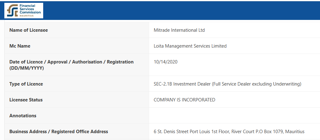 Mitrade International Ltd’s licensing info at fscmauritius.org