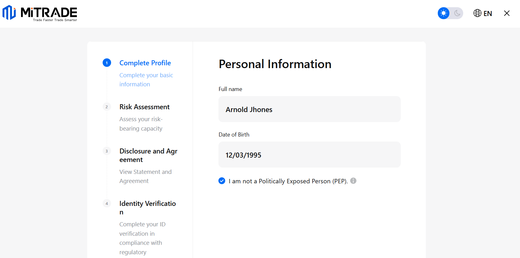 Mitrade’s registration form