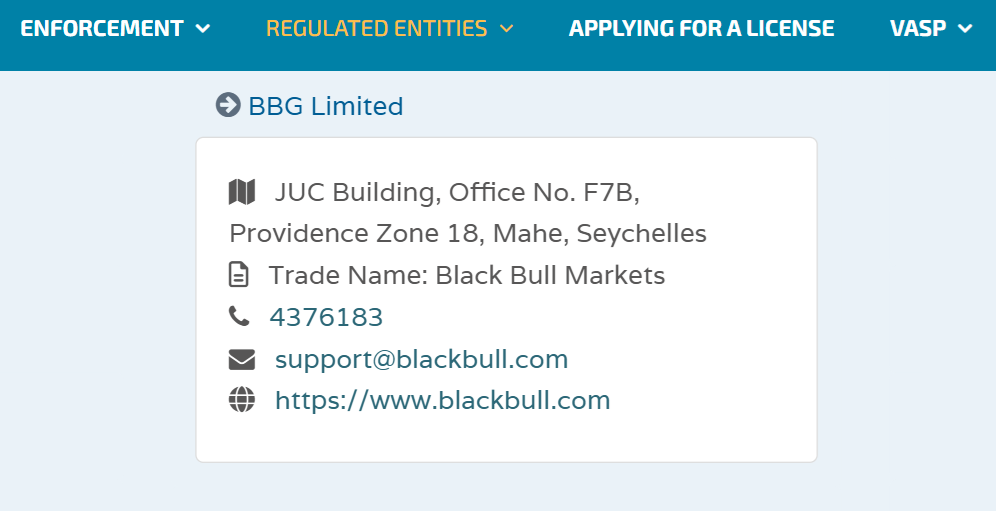 BBG Limited’s licensing info at fsaseychelles.sc