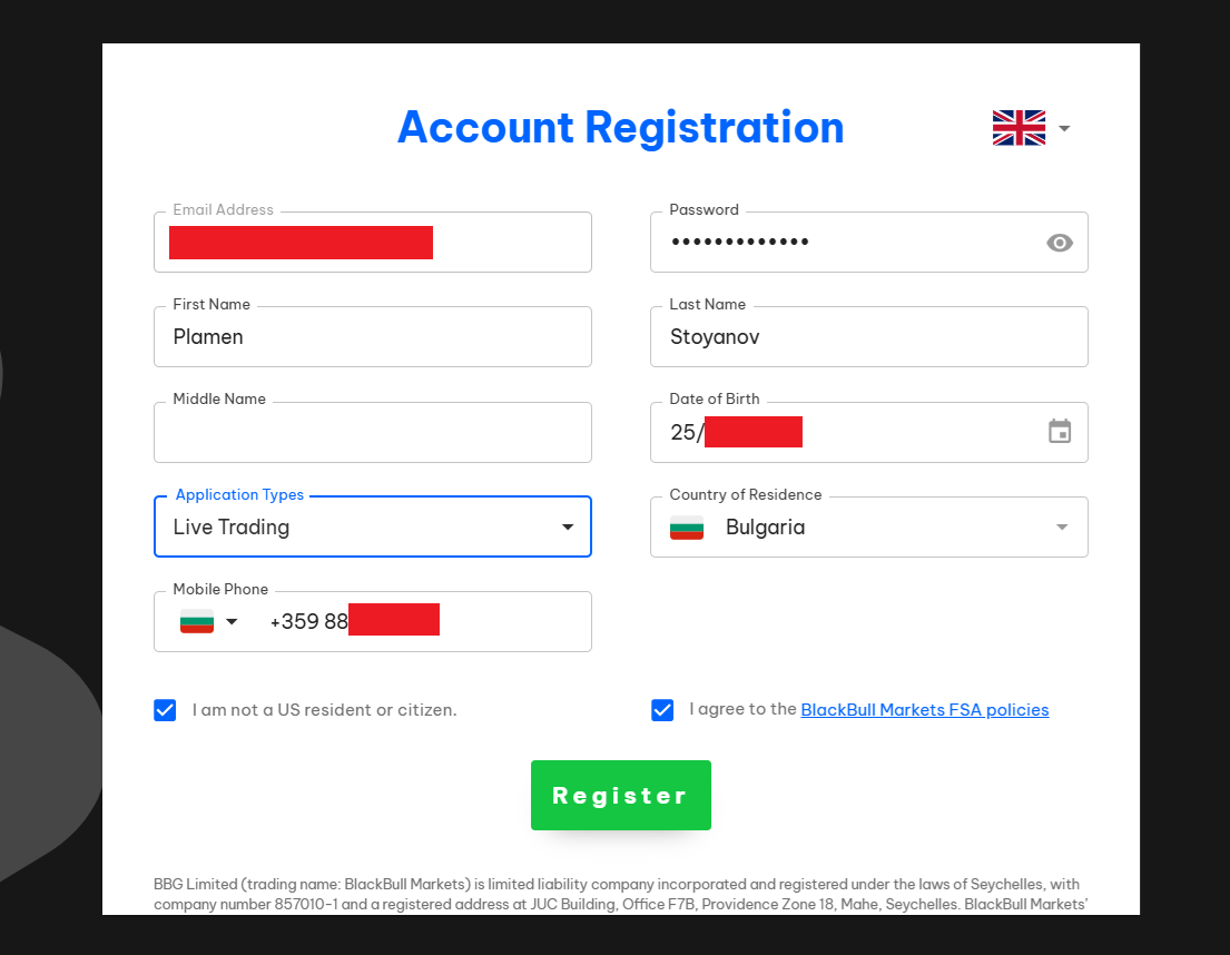BlackBull Markets’ registration form