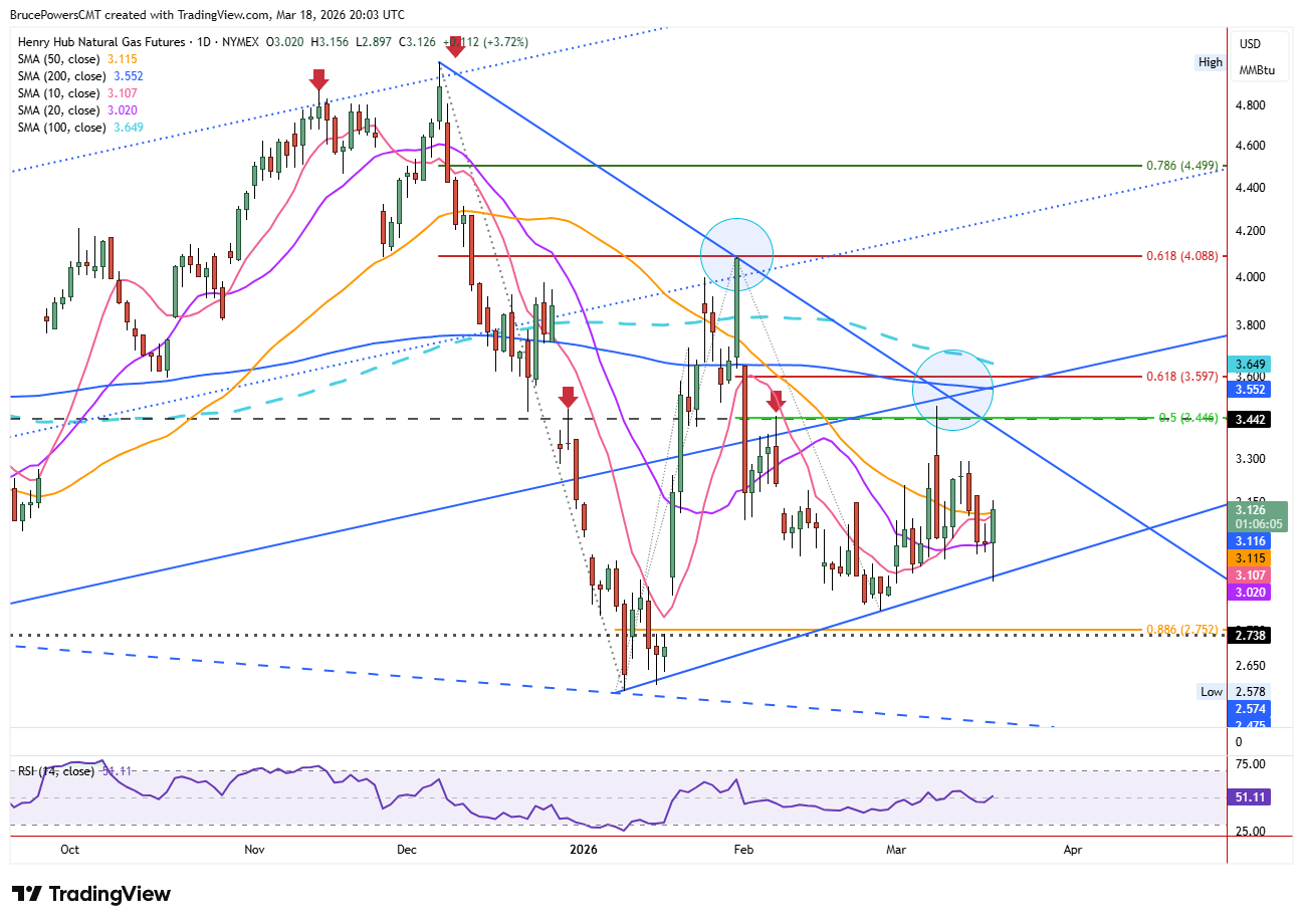 Natural gas futures daily chart shows bounce off trendline and bullish one day candlestick pattern. Source: TradingView