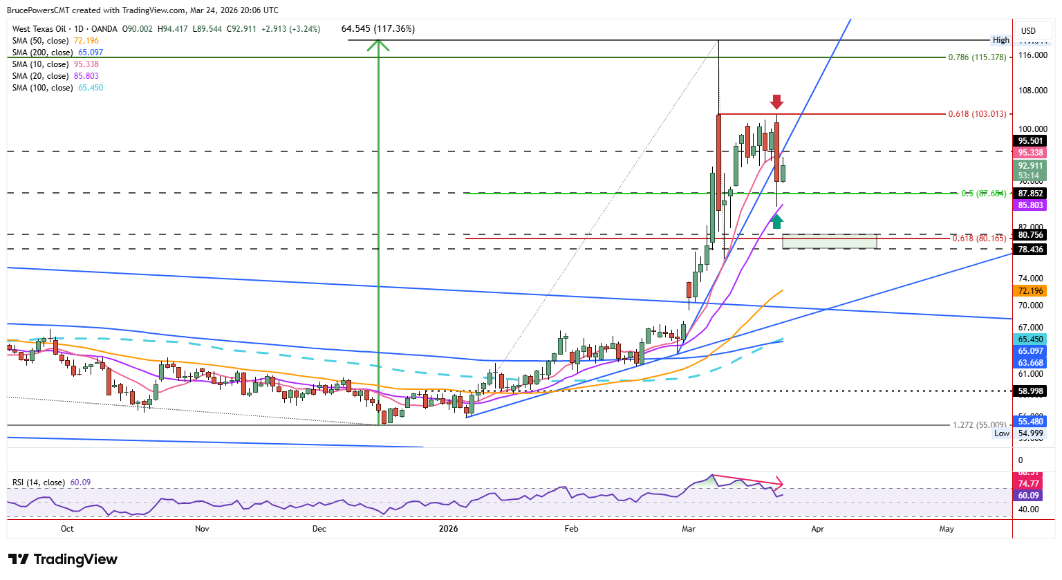 Spot WTI crude oil daily chart shows support near 20-day moving average. Source: TradingView