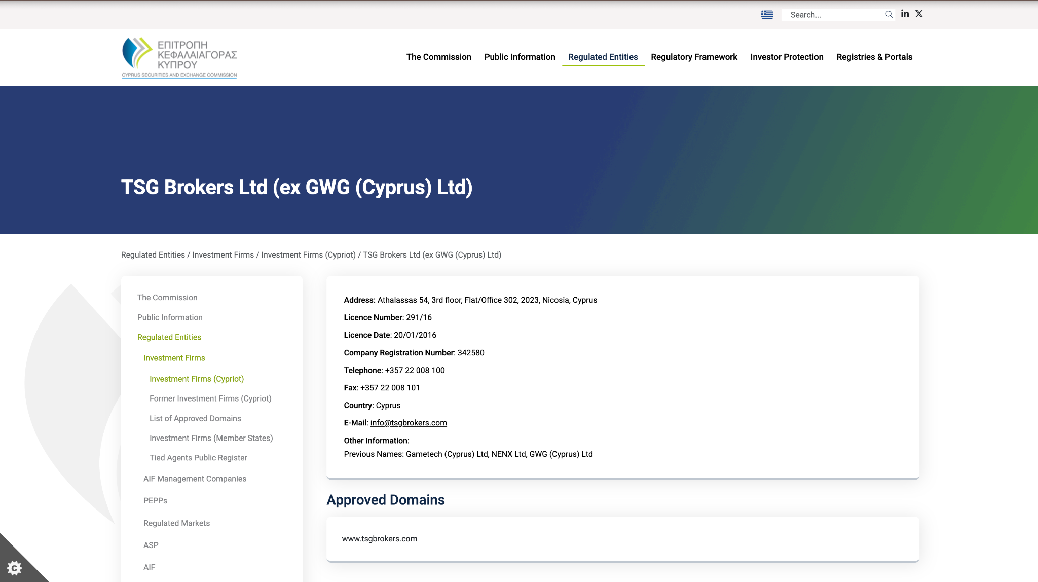 TSG Brokers Ltd on the CySEC register