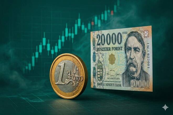 Euro and Hungarian Forint in front of trading chart.