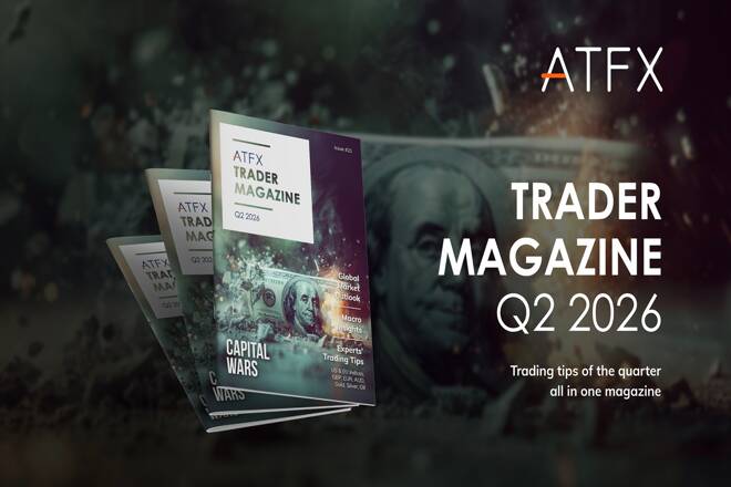 Promotional graphic for ATFX Trader Magazine Q2 2026 showing stacked magazine covers with a U.S. dollar theme, featuring headlines like “Capital Wars,” “Global Market Outlook,” and “Expert Trading Tips,” alongside large text reading “TRADER MAGAZINE Q2 2026” and a tagline about quarterly trading tips.