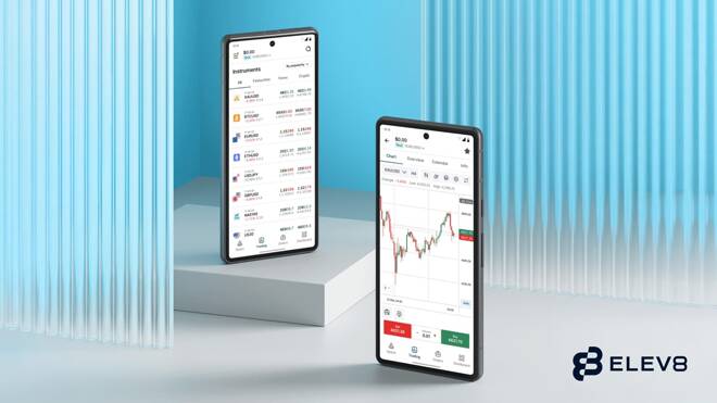 Elev 8 logo and 2 smartphones with its trading platform.