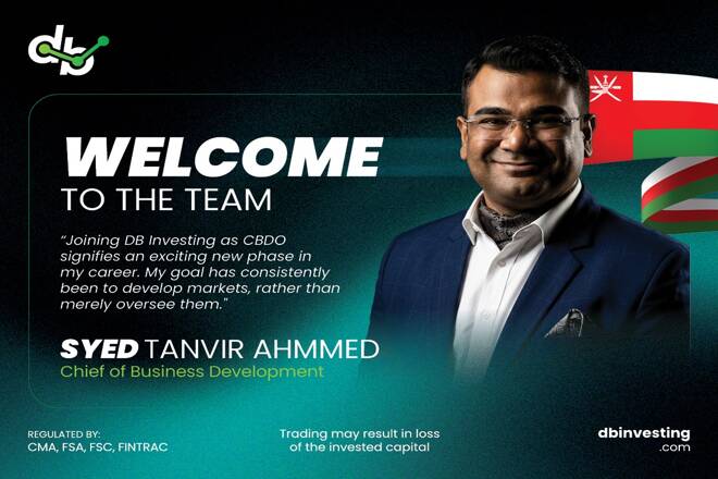 The image introduces Syed Tanvir Ahmed as Chief of Business Development at DB Investing, includes a quote about joining as CBDO and developing markets, and shows regulatory and risk disclaimer text at the bottom.
