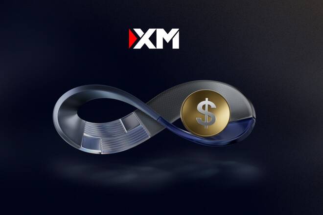 XM logo and US Dollar symbol inside infinite eight figure.