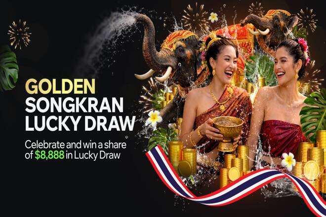 Promotional banner for a “Golden Songkran Lucky Draw.” Two women in traditional Thai attire smile and celebrate while holding a decorative bowl, surrounded by splashing water, gold coins, and fireworks. Behind them are decorated elephants spraying water. Text reads: “Celebrate and win a share of $8,888 in Lucky Draw.” A Thai flag ribbon curves along the bottom.