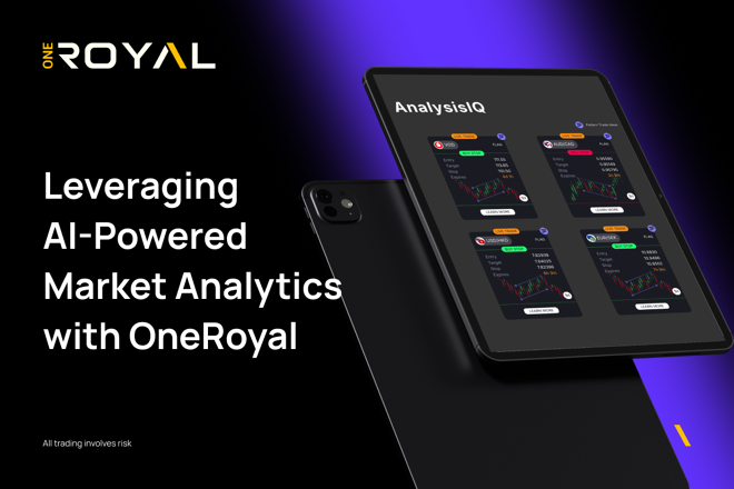 Promotional graphic for OneRoyal showing a smartphone and tablet displaying an “AnalysisIQ” trading interface with charts and signals, alongside the text “Leveraging AI-Powered Market Analytics with OneRoyal” on a dark purple and black background, with a small disclaimer stating that all trading involves risk.