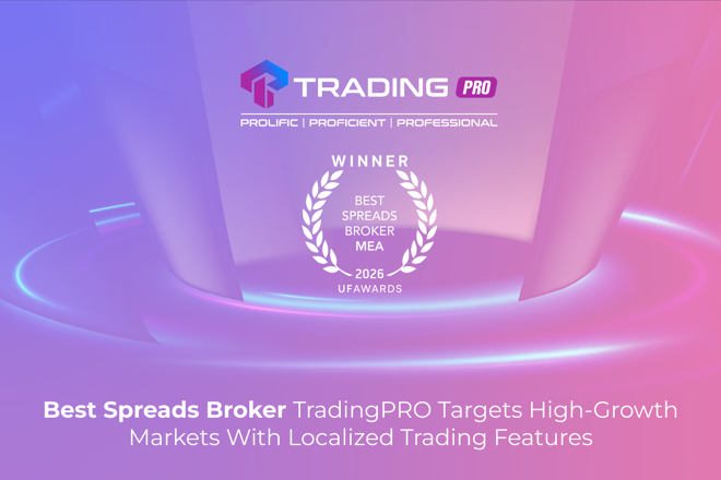 Promotional graphic for TradingPRO showing a glowing podium with the logo and the text “Winner – Best Spreads Broker MEA 2026, UF Awards.” The background has a purple-to-pink gradient with neon light effects. At the bottom, text reads: “Best Spreads Broker TradingPRO Targets High-Growth Markets With Localized Trading Features.”