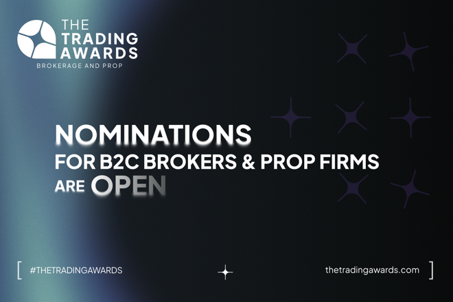 Promotional banner for The Trading Awards (Brokerage and Prop) announcing that nominations for B2C brokers and prop firms are open, with a dark gradient background, subtle star-like graphics, hashtag #TheTradingAwards, and the website thetradingawards.com displayed.