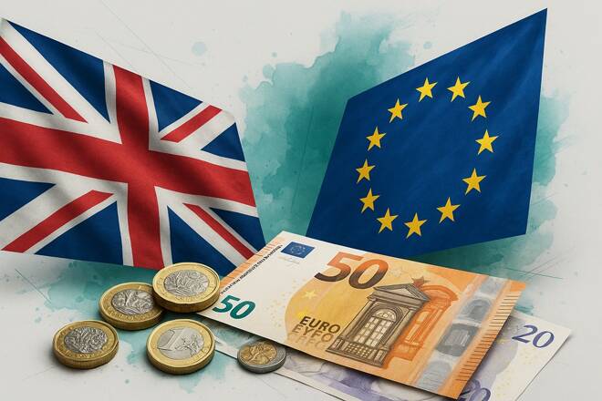 British and European flags and money.