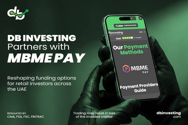 A promotional banner showing a hand holding a smartphone displaying a payment page for MBME Pay. The text reads “DB Investing partners with MBME Pay,” highlighting new funding options for retail investors in the UAE, with regulatory mentions and a trading risk disclaimer.